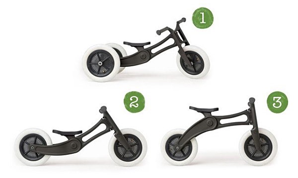 Different positions illustrated in a photograph of a wishbone kids balance bike